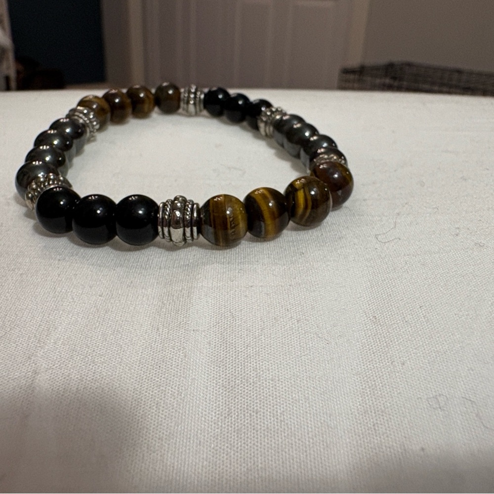 Black Brown Silver Beaded Bracelet
